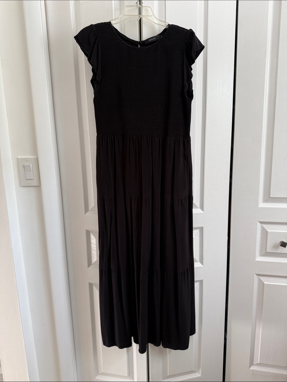 Black Smocked Bodice Midi Dress with Flutter Sleeves